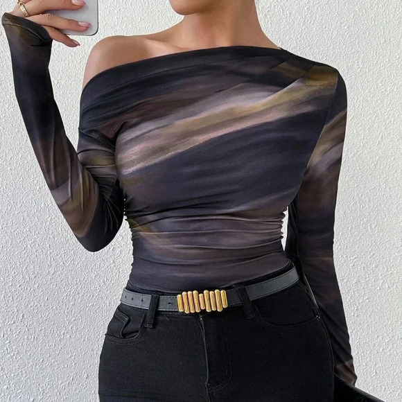 Casual Women's Marble Gradient Print Asymmetrical Neck top - Picture 1 of 6